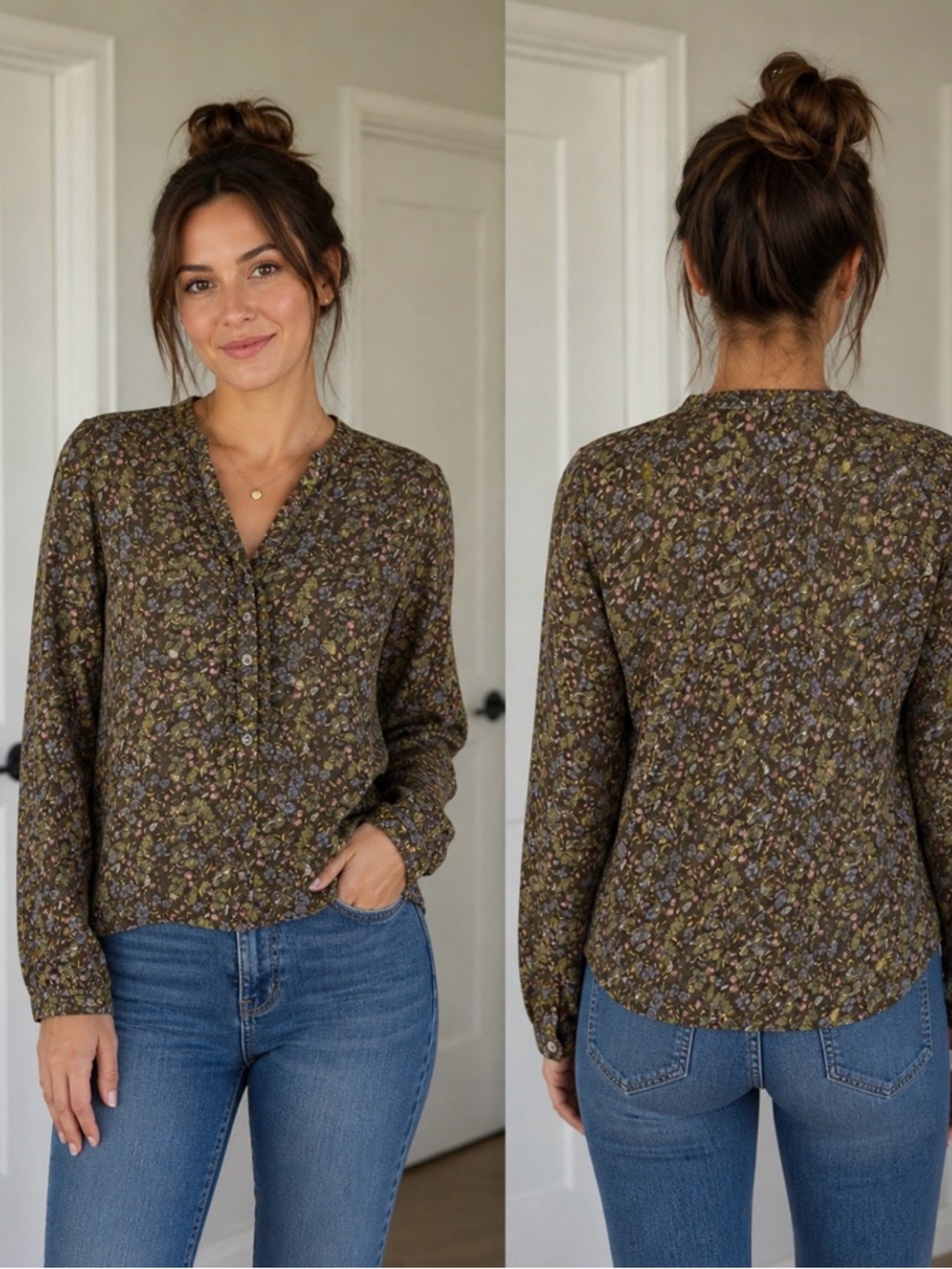 EDDIE BAUER Shirt Size SP Long Sleeves Floral Earth Colours Button Down